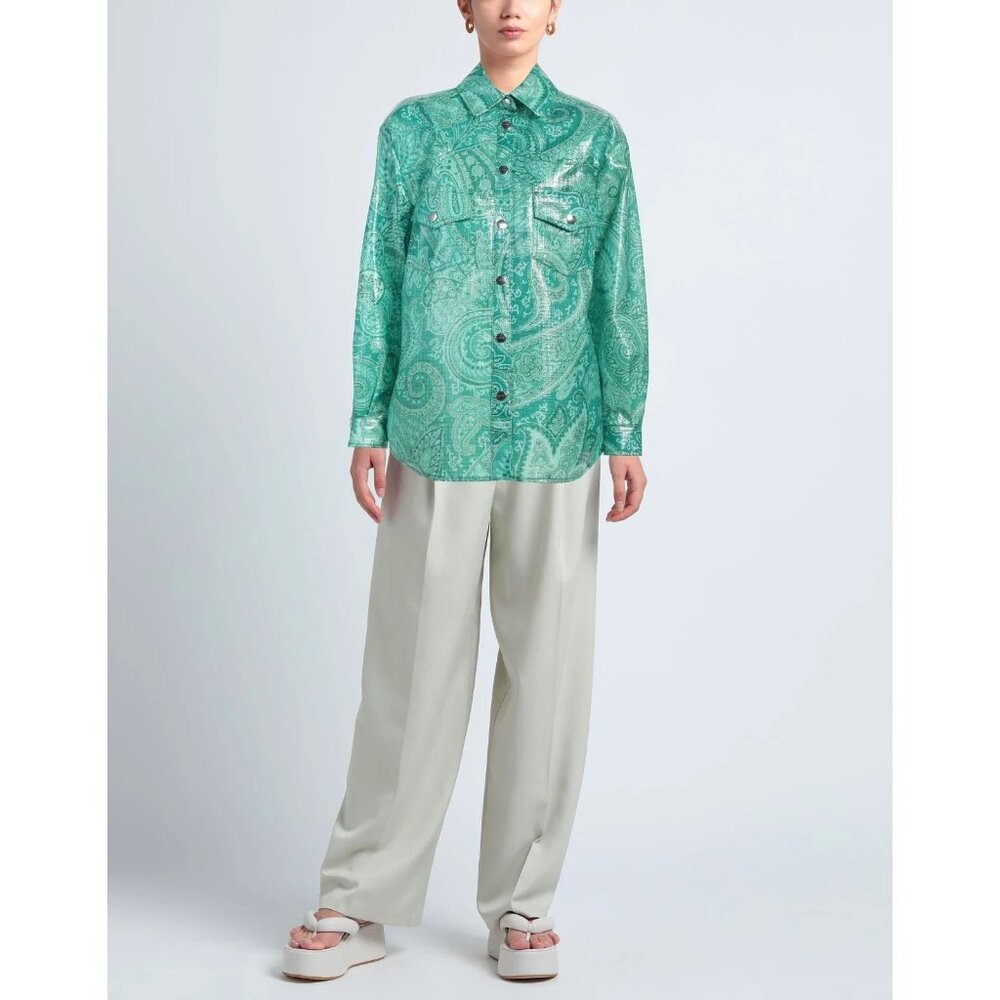ETRO Green Paisley Coated Nylon Camicie Shirt $2,147 Size 12 (US) 46 (IT)